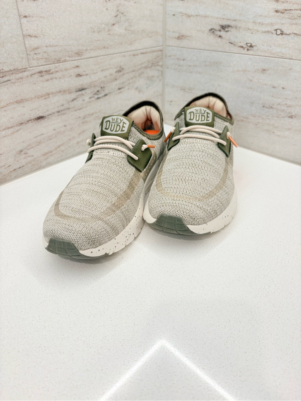 Hey Dude Sirocco Men's Knit Sneakers in Light Gray and Olive with Orange Accents